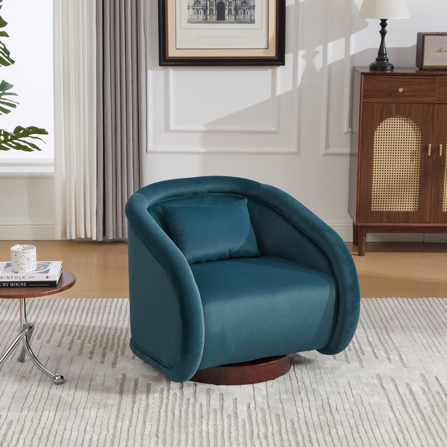 Swivel Accent Chair, 360 Degree Swivel Barrel Chair With Velvet Fabric Upholstery, Comfy Pumpkin Shaped Swivel Chair For Living Room, Bedroom, Or Office