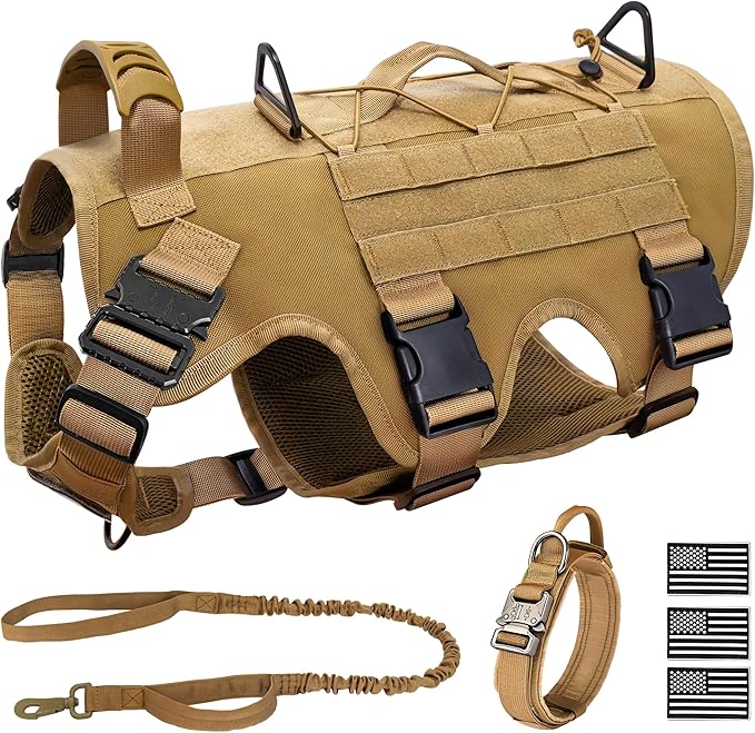 JOYFLARE Tactical Dog Harness for Large Dog, Dog Collar and Bungee Leash Set No-Pull Military Dog Harness - Walking Traini...