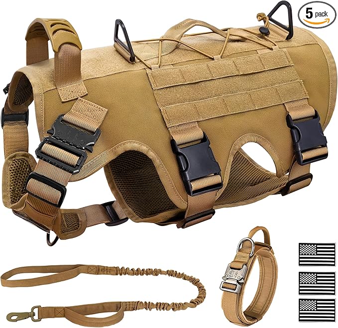 JOYFLARE Tactical Dog Harness for Large Dog, Dog Collar and Bungee Leash Set No-Pull Military Dog Harness - Walking Traini...