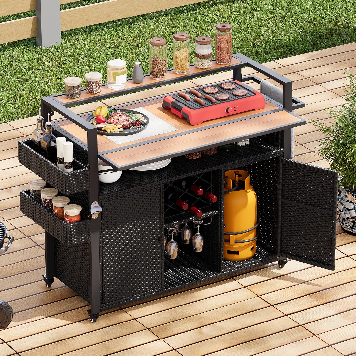 K&K 52.8 W Wicker Outdoor Grill Cart With Extended Plastic Wood Table Top, Rolling Kitchen Island On Wheels With Storage Cabinet, For Patio Backyard Garden Poolside, Double Handle Design, Black Brown