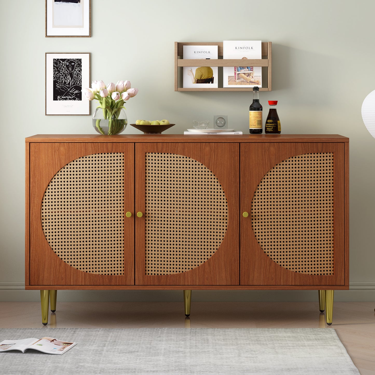 Sideboard With 3 Rattan Decorated Doors Chest Of Drawers Highboard With Metal Handles, For Bedroom & Living Rooms & Office, Walnut 129.8x 40x 76cm
