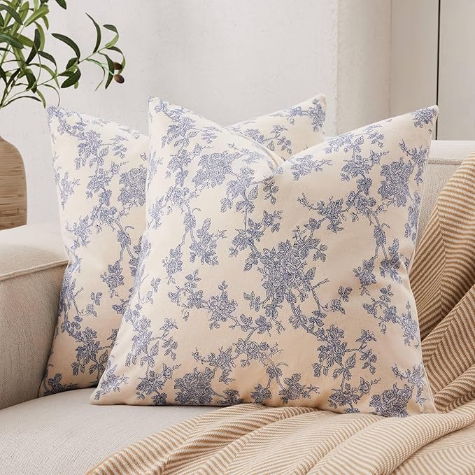 YZJZEDS 100% Cotton French Pastoral Throw Pillow Covers Set of 2, 20x20 Inch Blue Farmhouse Decorative Cushion Covers for ...
