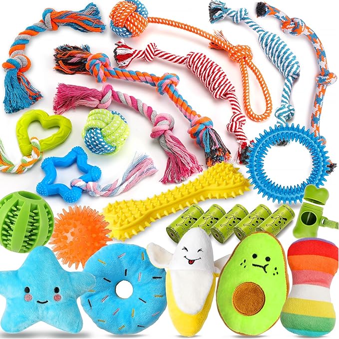 Zeaxuie 25 Pack Luxury Dog Chew Toys for Puppy, Dog Toys with Ropes, Treat Ball and Squeaky Puppy Toys for Teething Small ...