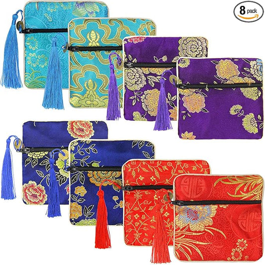 PINOWU 8pcs Silk Brocade Jewelry Bags with Zipper (11.5x11.5cm), Jewellery Silk Purse Pouch Gift Bags for Women Coins Trav...