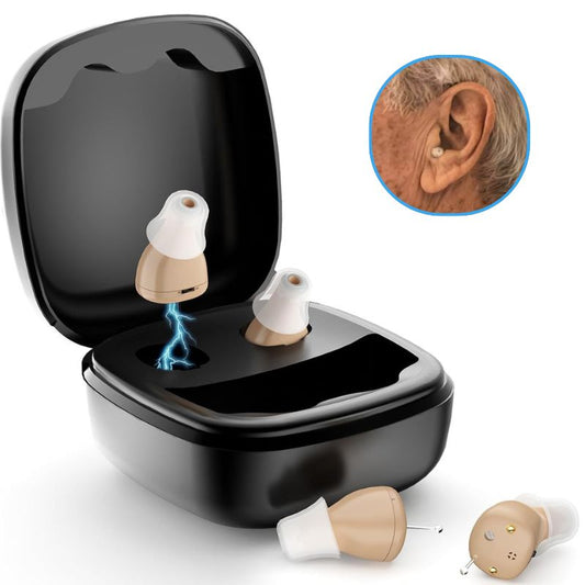 Rechargeable CIC Invisible Intelligent Hearing Aids For Seniors Noise Reduction 3-Level Volume Control Portable Charging Case