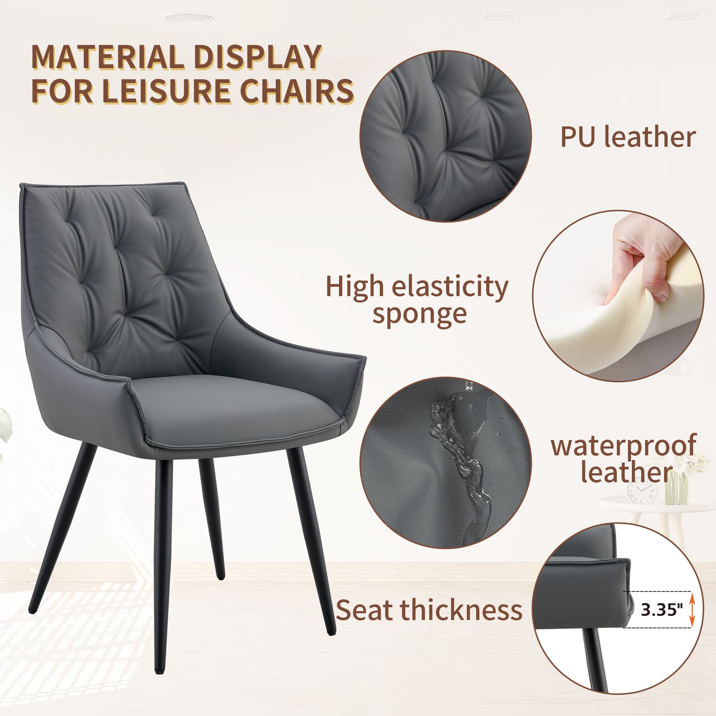 Dining Chairs Set Of 2, Dark Gray Faux Leather Dining Room Chair, Metal Kitchen Chairs With Gold Mesh Texture And Black Sanded Legs, Flat Back Upholstered Chair  Dark Gray, Set Of 2