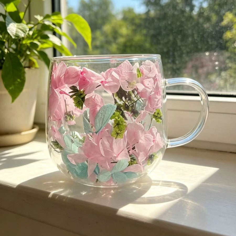 High-borosilicate Glass Tea Cup Internet-famous Double Layer Design With Real Flowers Inside