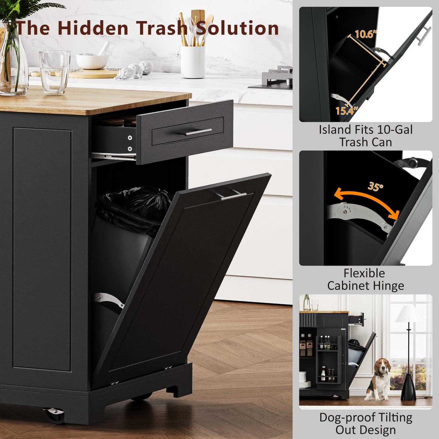K&K Fluted Kitchen Island With Trash Can Storage Cabinet, Power Outlet, Internal Storage Rack, Rolling Kitchen Islands On 5 Wheels With 3 Drawer, 3 Open Side Racks For 10 Gallon Garbage Bin, Black