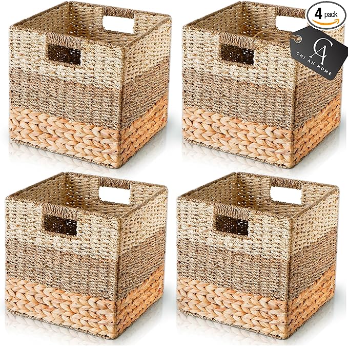 CHI AN HOME 11 Inch Cube Storage Bins, Wicker Storage Baskets for Cube Shelf, Natural Foldable Square Baskets for Storage,...