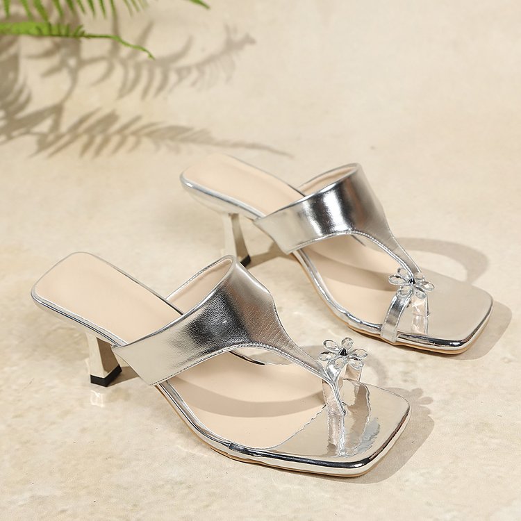 Light Luxury Rhinestone Style Flip Flops With Square Toe, Exposed Toes, Slim Heels, High-heeled Sandals For Women's Summer Outdoor Wear, Women's Style