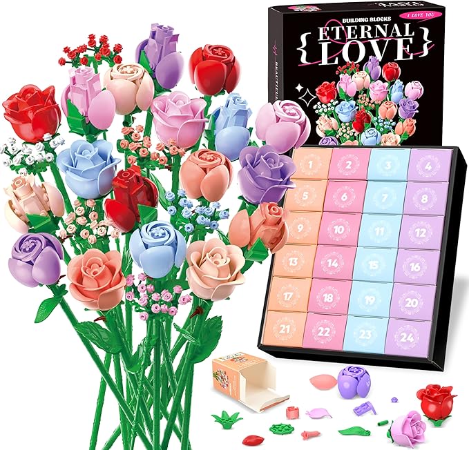 Sopu Colorful Rose Bouquet Flowers Building Set, 24 Boxes 1380Pcs Artificial Flowers Botanical Collection Flowers for Adul...