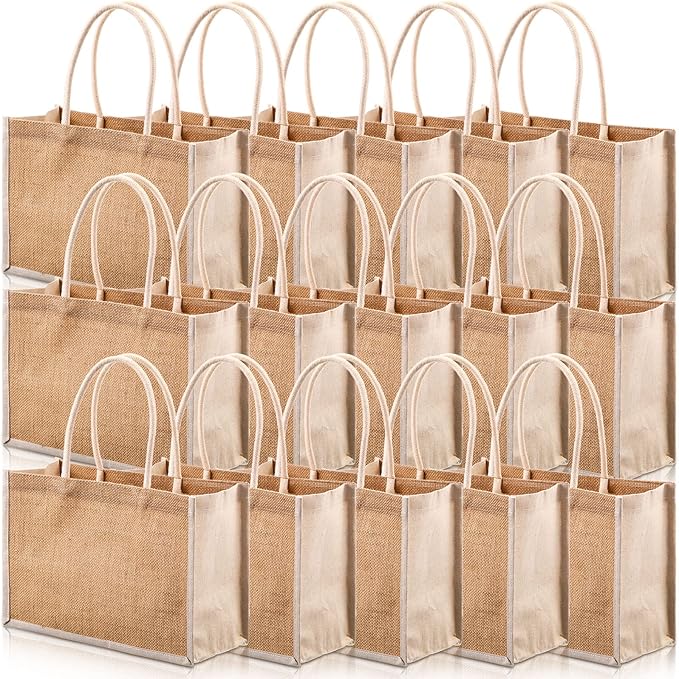 Reginary 16 Pcs Jute Tote Gift Bags Natural Burlap Grocery Shopping Bag Beach Tote with Handle for Bridesmaid Wedding Travel