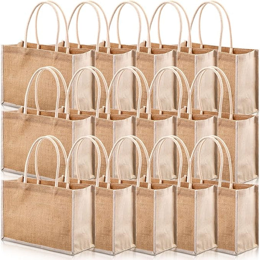Reginary 16 Pcs Jute Tote Gift Bags Natural Burlap Grocery Shopping Bag Beach Tote with Handle for Bridesmaid Wedding Travel