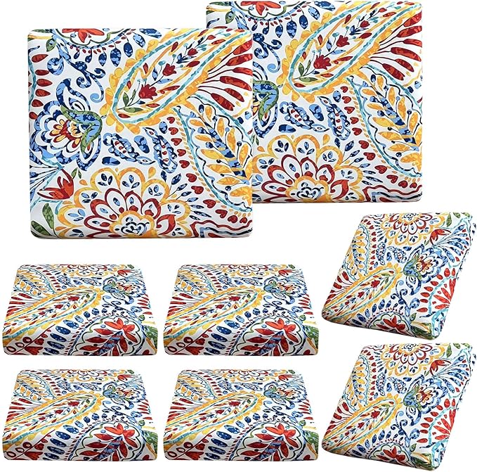 BBSET 8 Pcs Paisley Patio Sofa Cushion Cover Stretch Outdoor Sofa Seat Cushions Cover Indoor Replacement Couch Chair Slipc...