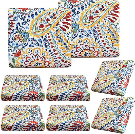 BBSET 8 Pcs Paisley Patio Sofa Cushion Cover Stretch Outdoor Sofa Seat Cushions Cover Indoor Replacement Couch Chair Slipc...