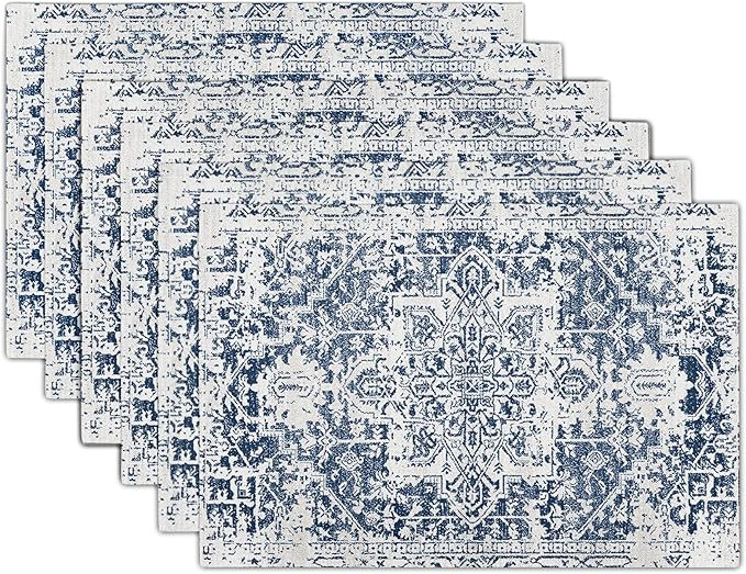 Navy Blue Gray Boho Placemats Set of 6 Ethnic Bohemian Carpet Place Mats Washable Kitchen Dining Vintage Grey Geography Fl...
