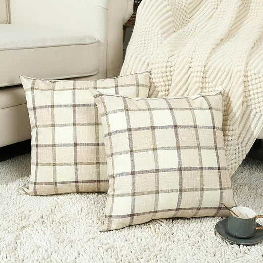 Stellhome Fall Linen Buffalo Check Throw Pillow Covers, Autumn Farmhouse Plaid Decorative Cushion Covers for Couch Sofa Li...