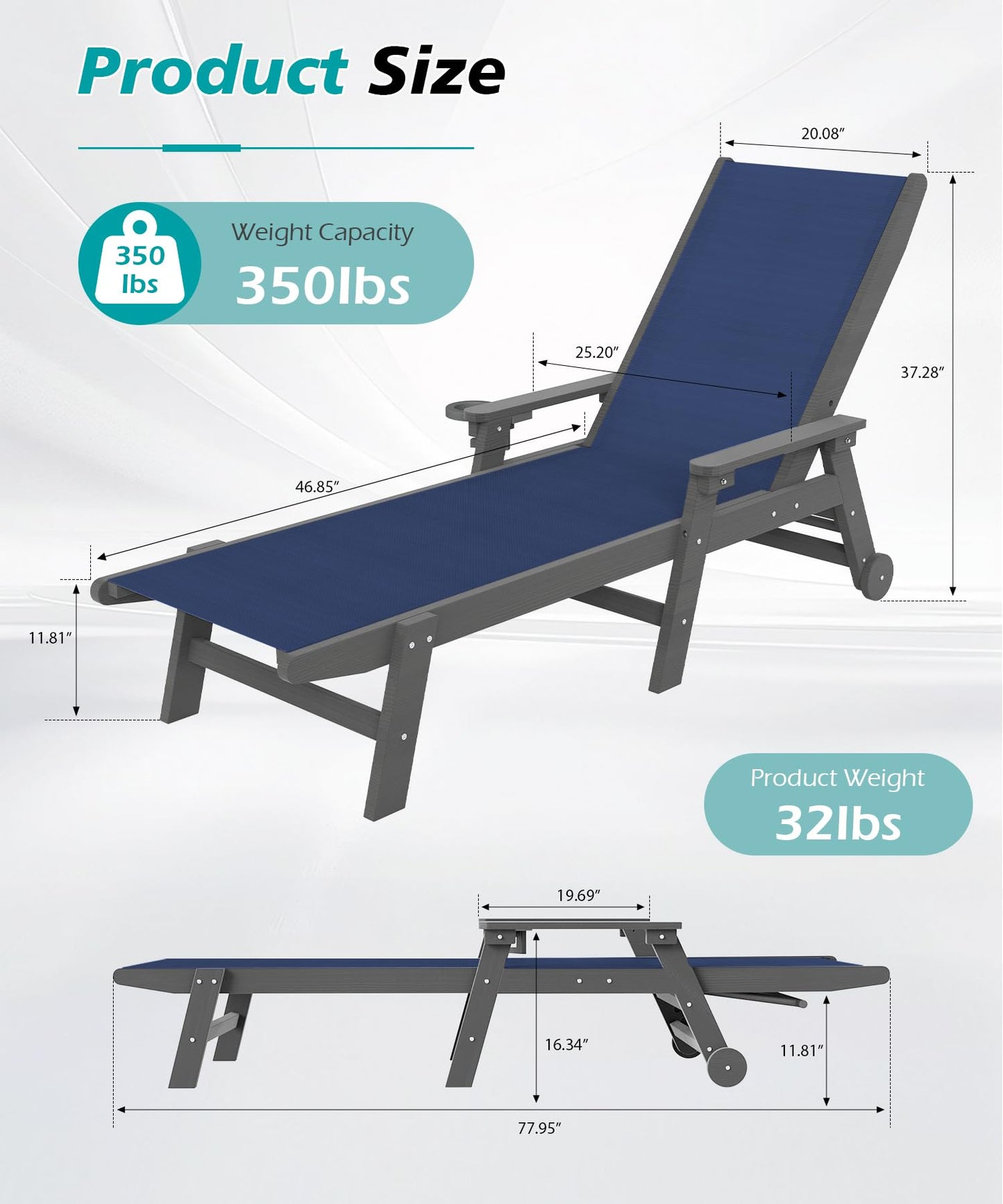Outdoor Pool Lounge Chairs Set Of 2, HDPE Patio Lounge Chair With Wheels, Chaise Lounge Chair For Pool, Sunbathing Tanning, Lawn, Navy Blue
