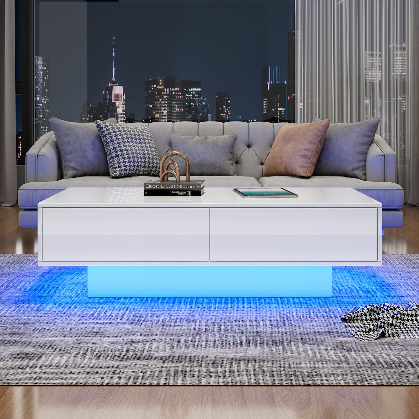 Modern High-gloss Coffee Table In White, 115 X 55 X 34 Cm, With 2 Drawers, LED Lighting And 30 Kg Load Capacity  Elegant Living Room Table