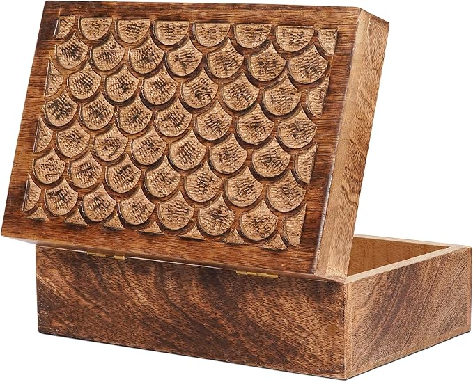 Carved Scallop Mango Wood Box with Lid - Medium Burnt Large Wooden Box - Handmade Decorative Box with Lid for Use As Memor...