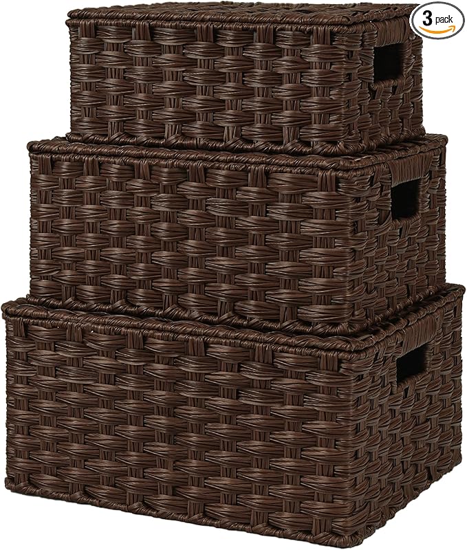 GRANNY SAYS Wicker Baskets with Lids, Set of 3 Decorative Storage Boxes, Woven Basket for Organizing, Storage and Organize...