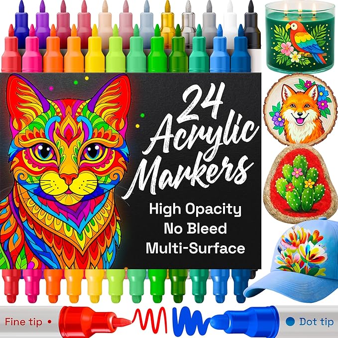 ARTISTRO 24 Precision Dual-Tip Acrylic Paint Markers – Paint Pens Set with Dot & Fine Tips for Fabric, Rock, Glass, Wood, ...