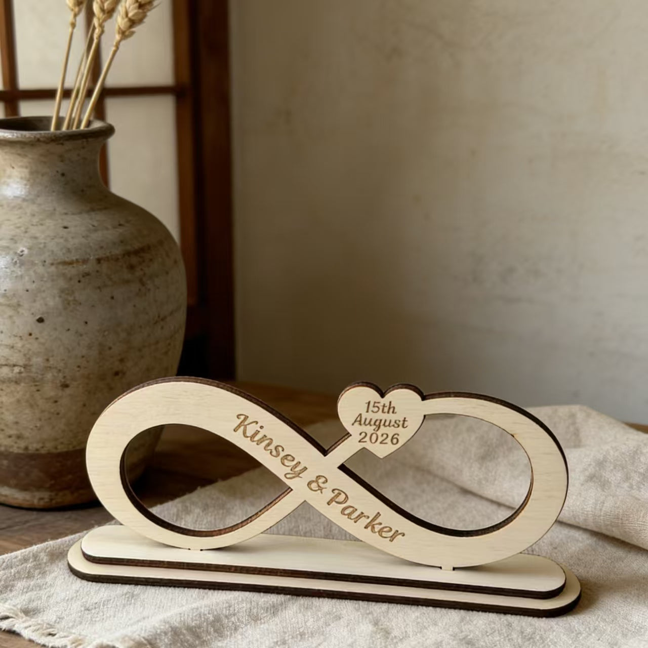 Custom Infinity Symbol Wood Table Sign With Base, Laser Engraved Names & Special Date Heart Wooden Ornament, Personalized Wedding Centerpiece Decor, Unique Anniversary Valentines Engagement Gift For C