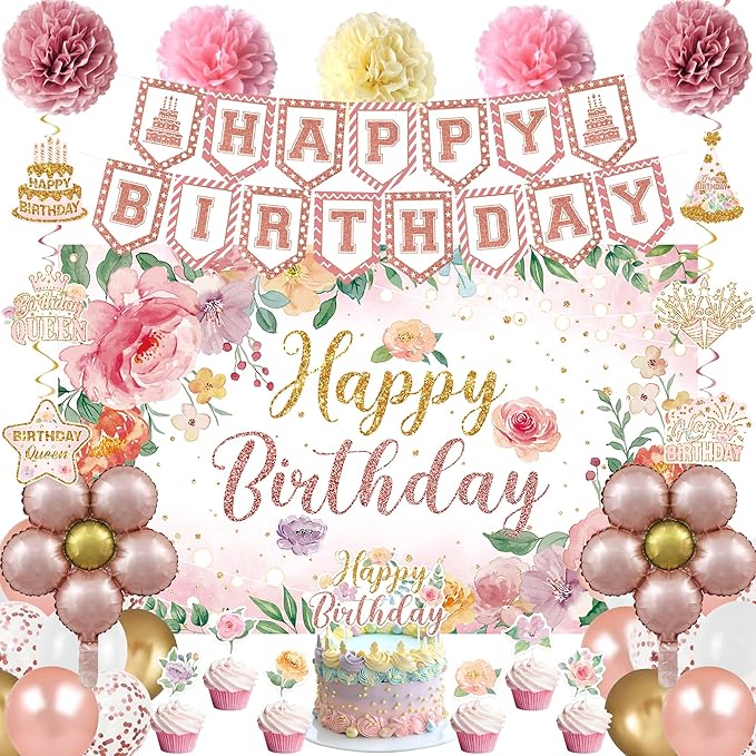 Holkcog Flower Birthfday Party Decorations for Girl, Pink Florals Ballons Banner Background, Cake Tppper, Garden Tea Party...