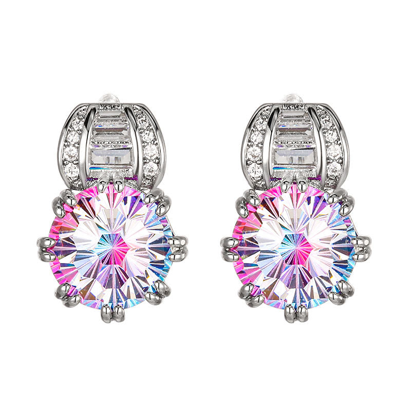 Light Luxury Vivid Earrings For Women, Firework Cut Simulated Zirconia Ear Jewelry With Rose Red Tone & Paraiba Tone Green Stones, Versatile Fashion Accessories
