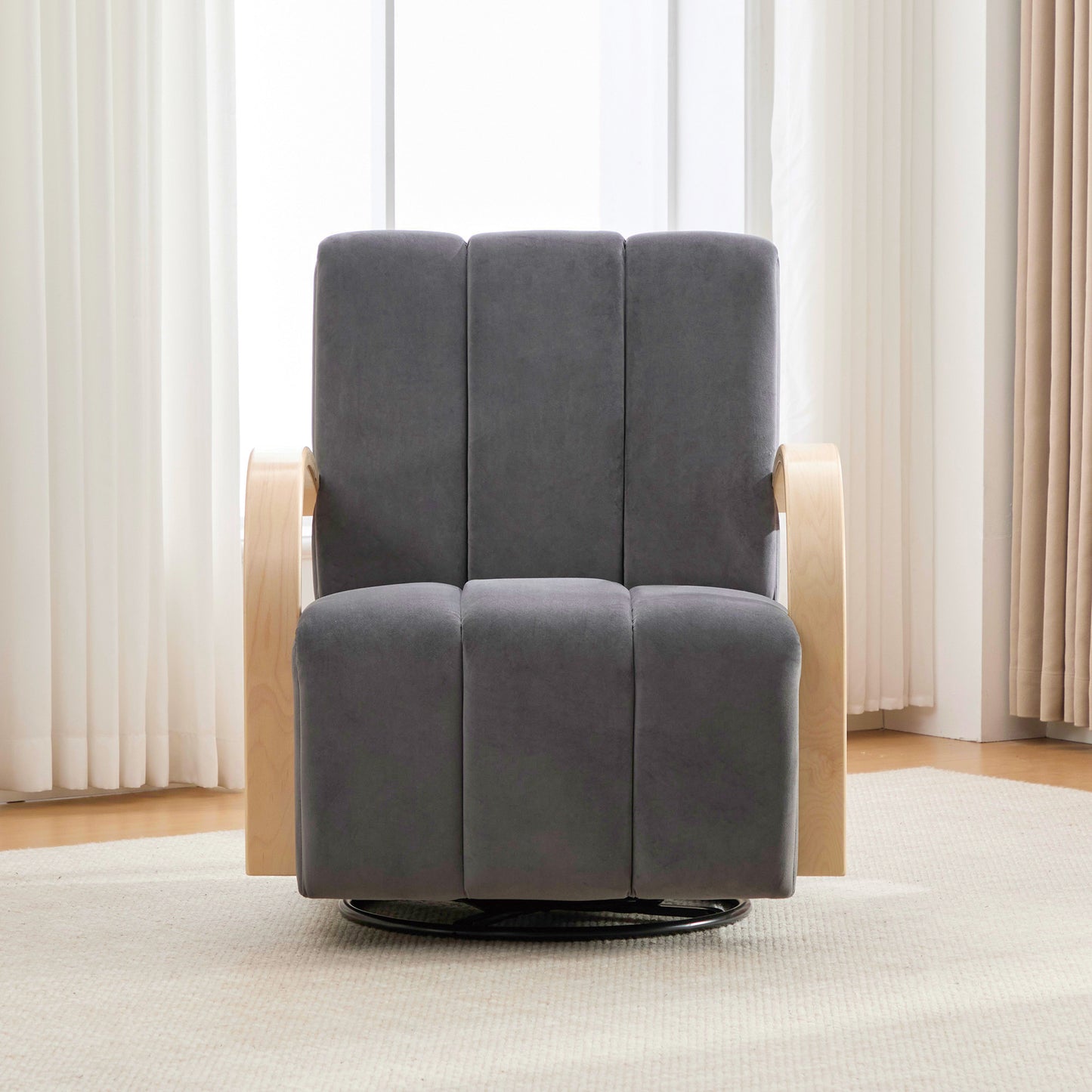 30.7 W Upholstered 360 Swivel Accent Chair With Solid Wood Armrests And Comfy Channel Tufted Lounge Reading Chair, Single Sofa Armchair For Hotel Bedroom Living Room Office And Bedroom. Charcoal