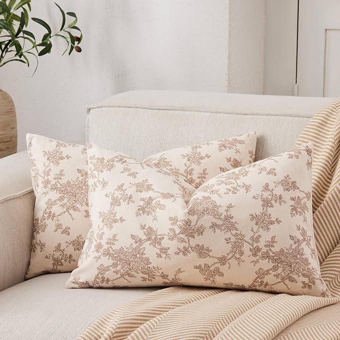 YZJZEDS 100% Cotton French Pastoral Lumbar Throw Pillow Covers Set of 2, 12x20 Inch Brown Farmhouse Decorative Cushion Cov...