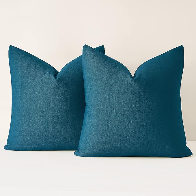 Mixhug Decorative Linen Throw Pillow Covers, Farmhouse Cushion Covers for Couch and Bed, Dark Teal, 24 x 24 Inches, Set of 2