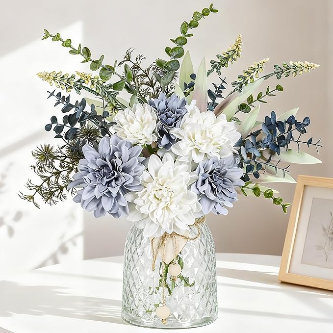 Der Rose Fake Flowers in Vase Silk Artificial Navy Blue Flowers Arrangements with Glass Vase for Dinning Coffee Table Cent...