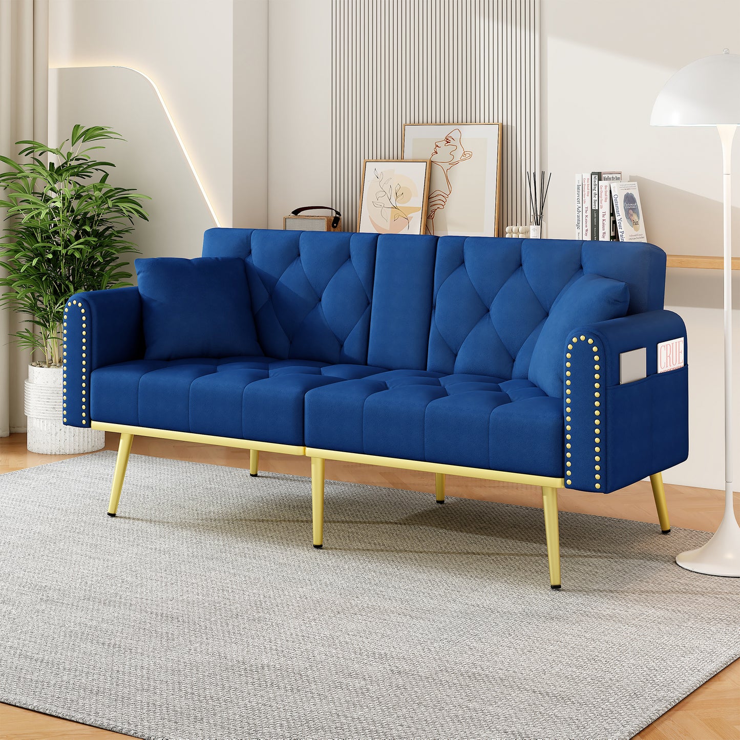 Double Fold Out Sofa Bed With Reclining Function, Three Adjustable Tilt Angles And Cup Holder. Suitable For Living Room, Bedroom, Home Theater Or Guest Room. Fabric Cover,Blue