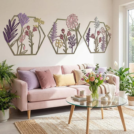 Peryiter 3 Pcs Metal Flower Wall Decor Minimalist Floral Wall Hanging Decor Metal Flower Rustic Floral Art for Spring Livi...