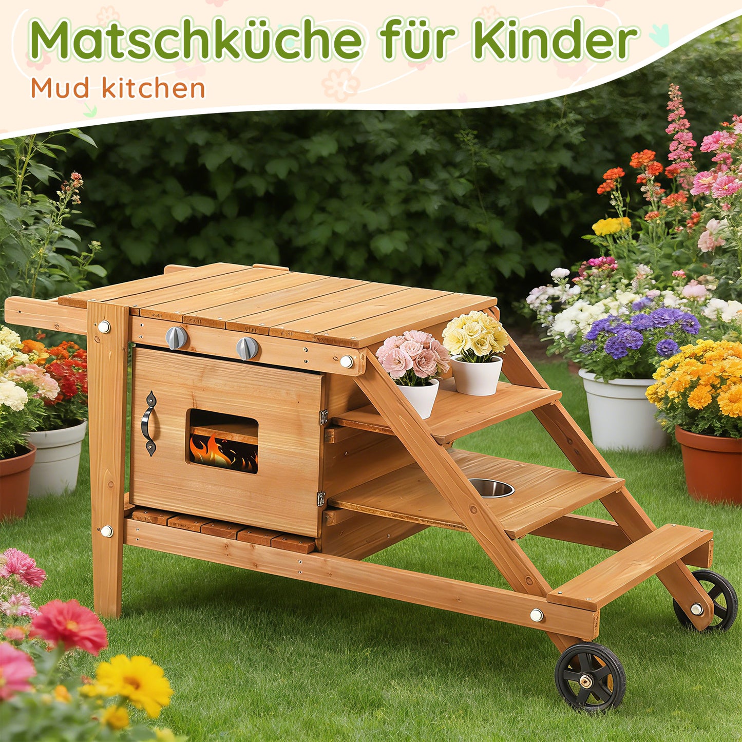Outdoor Children's Kitchen With Wheels, Mud Kitchen For Children, Play Kitchen Incl, Kitchen Accessories, Wooden Food Trolley, Mud Kitchen Kitchen Set Garden Kitchen For Children From 3 Years  Natural