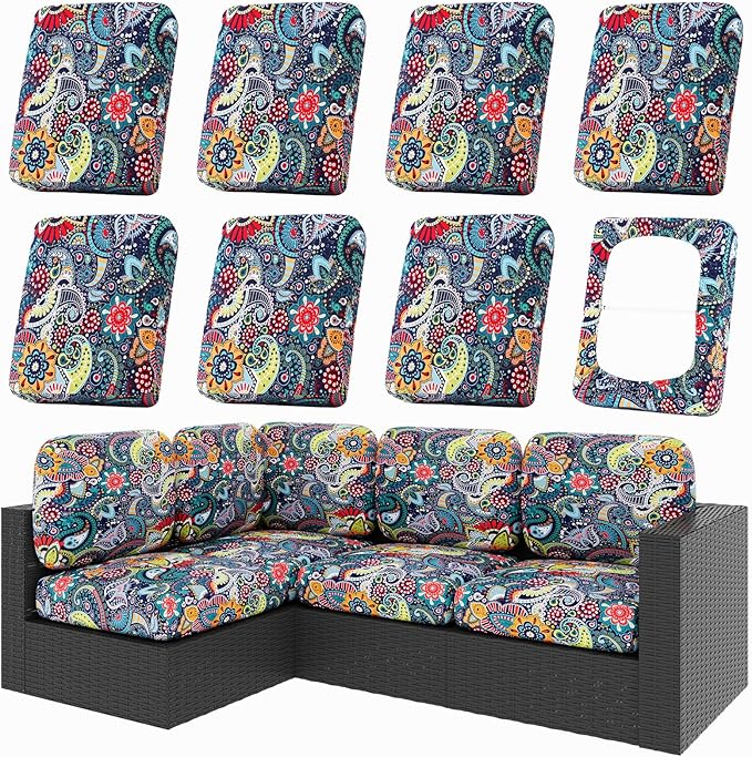 hyha 8Pcs Patio Cushion Covers, Stretch Outdoor Couch Cushion Covers Replacement, Washable Outdoor Chair/Sofa Slipcovers f...