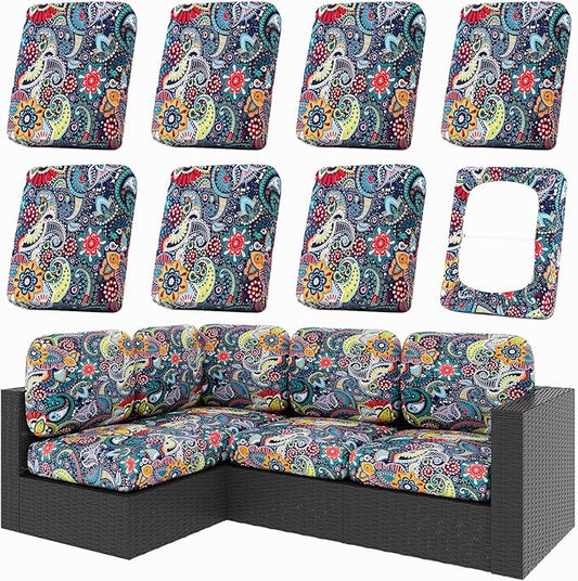 hyha 8Pcs Patio Cushion Covers, Stretch Outdoor Couch Cushion Covers Replacement, Washable Outdoor Chair/Sofa Slipcovers f...