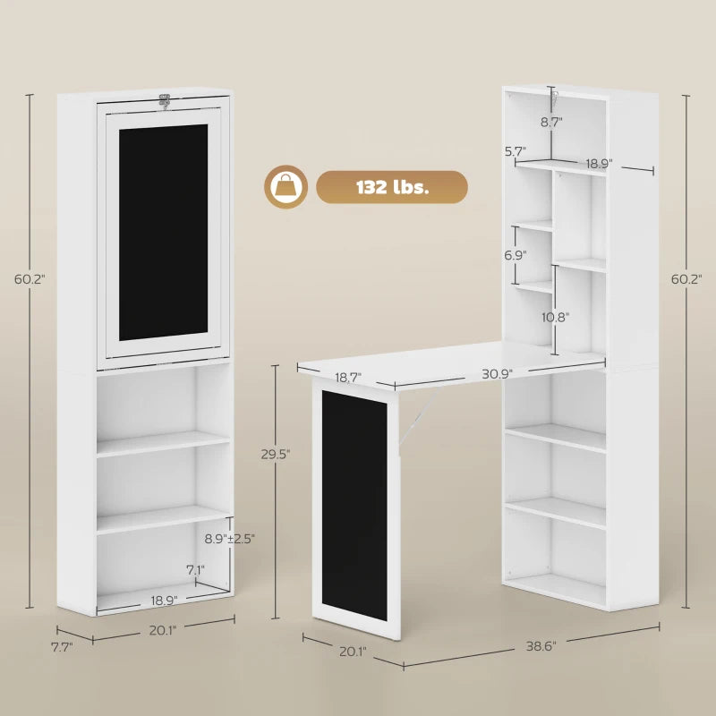 Fold-out Convertible Office Desk, Wall Mount Computer Desk With Blackboard And Side Shelf, White