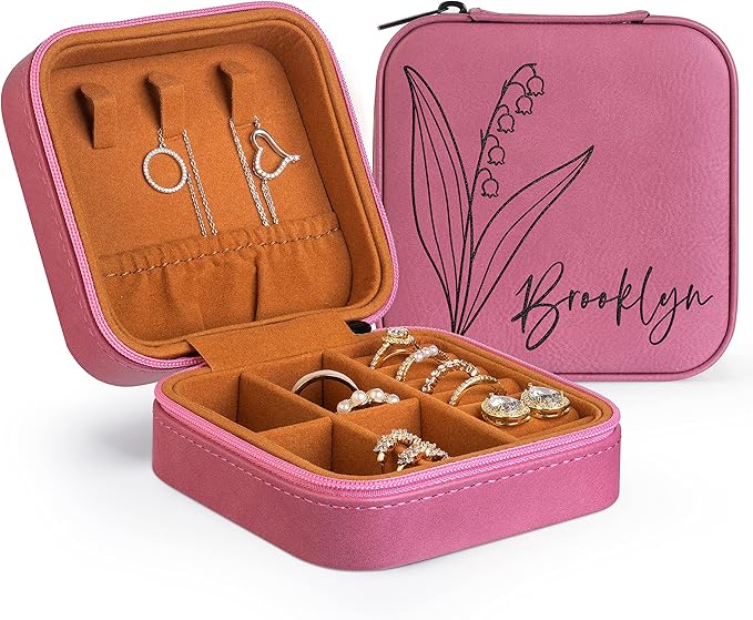 Custom Leather Jewelry Box w/Name & Birth Flower Month - Birthday Gifts for Women, Personalized Jewelry Travel Case - Cust...