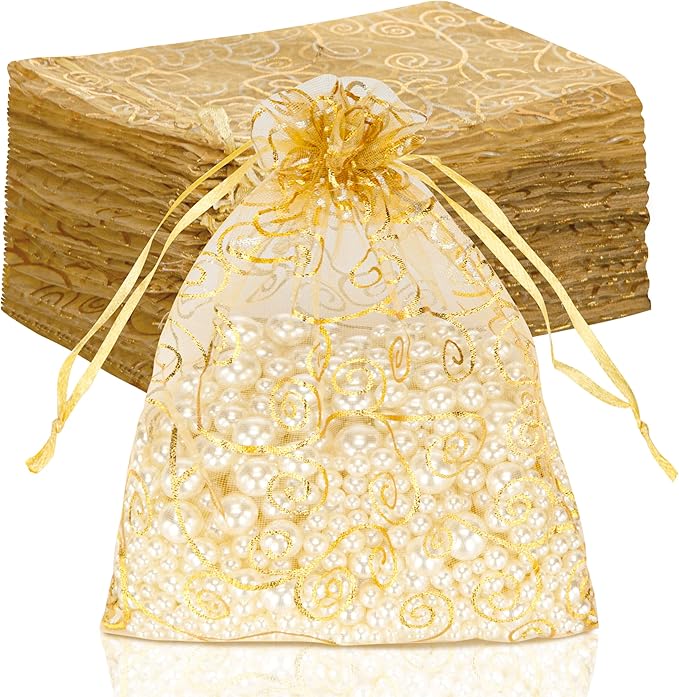 Staruby Organza Gift Bags 100Pcs Gold Sheer Organza Bag 5x7 Inch Mesh Favor Bags Drawstring Jewelry Rattan Printed Gift Po...