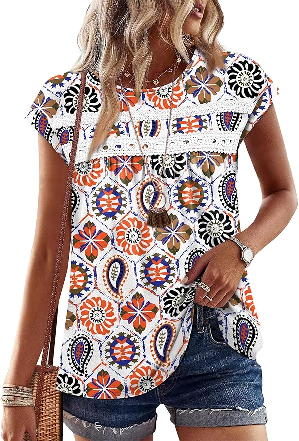 WIHOLL Womens Summer Tops Trendy 2026 Lace Crochet Cap Short Sleeve Shirts Crew Neck T Shirts Casual Loose Blouses
