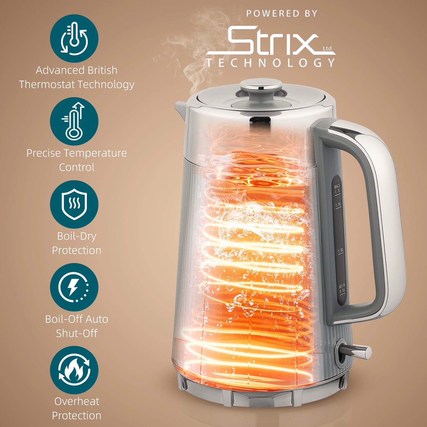 Electric Stainless Steel Kettle And Toaster Set, 3000W 1.7L UK Strix Thermostat Fast Boil Kettle W/ Limescale Filter, Cool Touch Body, 4 Slice Toaster With 7 Browning Levels, Crumb Tray, Grey