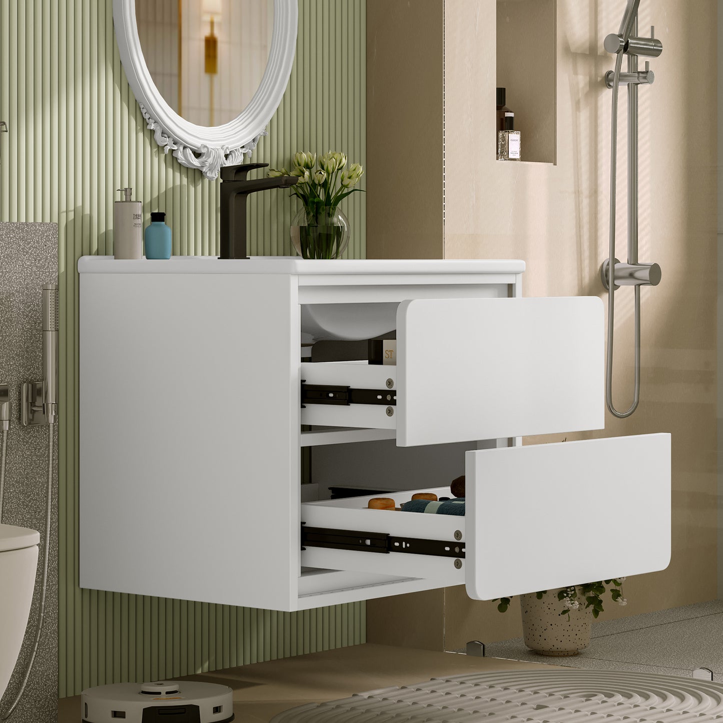 60x46x50cm Wall Mounted Bathroom Cabinets, Full Finish, LED  Sensor Lighting, Two Drawers, Quiet Slide Rails, Vanity Unit, Integrated Sink, White
