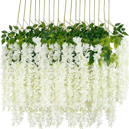 12Pcs Artificial Wisteria Flowers 3.6 Feet/Piece White Dense Artificial Fake Wisteria Vine Ratta Hanging Garland Silk Flow...