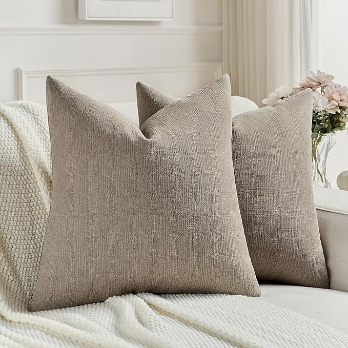 FUTEI Coffee Chenille Decorative Throw Pillow Covers 18x18 Inch Set of 2,Soft Cozy Faux Linen Textured Cushion Case,Farmho...