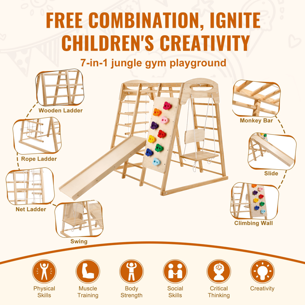 Indoor Jungle Gym, 7-in-1 Toddler Indoor Playground, Wooden Toddler Climbing Toys Indoor With Wood & Rope Ladder, Net Ladder, Swing, Monkey Bar, Slide, Climbing Wall, 47.2 X 58 X 56in