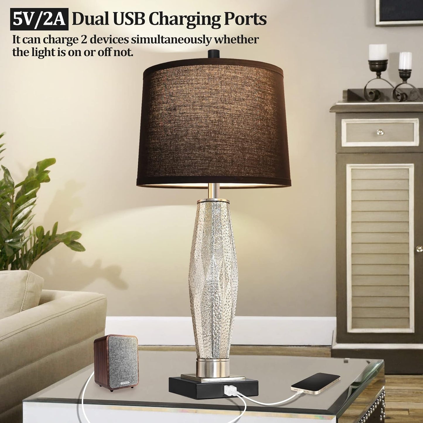 Table Lamps Set Of 2, Bedroom Lamp With USB A C Charging Ports, Modern Glass Beside Lamps For Living Room Rotary Switches, Black Nightstand Lamp Home Lights Decor  LED Bulbs Included