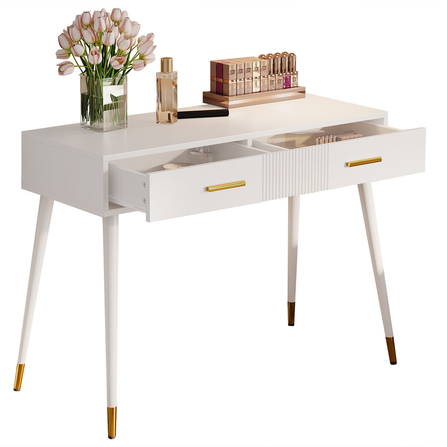 Dressing Table, Dressing Table, Desk With 2 Drawers, Metal Feet, White, Dimensions H 76 Cm XW 1 0 0 Cm XD 40 Cm Without Mirror