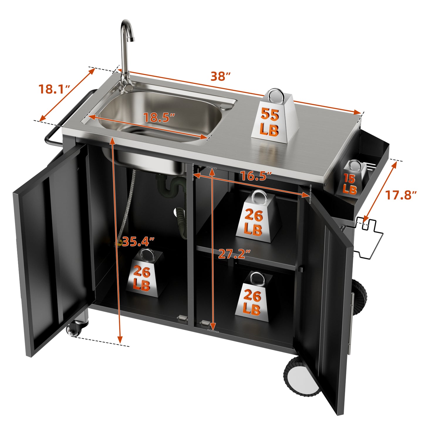 Outdoor Grill Table With Sink, Grill Cart With 304 Stainless Steel Sink And Cabinet, Outdoor Grill Cart,Outdoor Cart Sink Station With Wheels, L38in X W18in X H35in